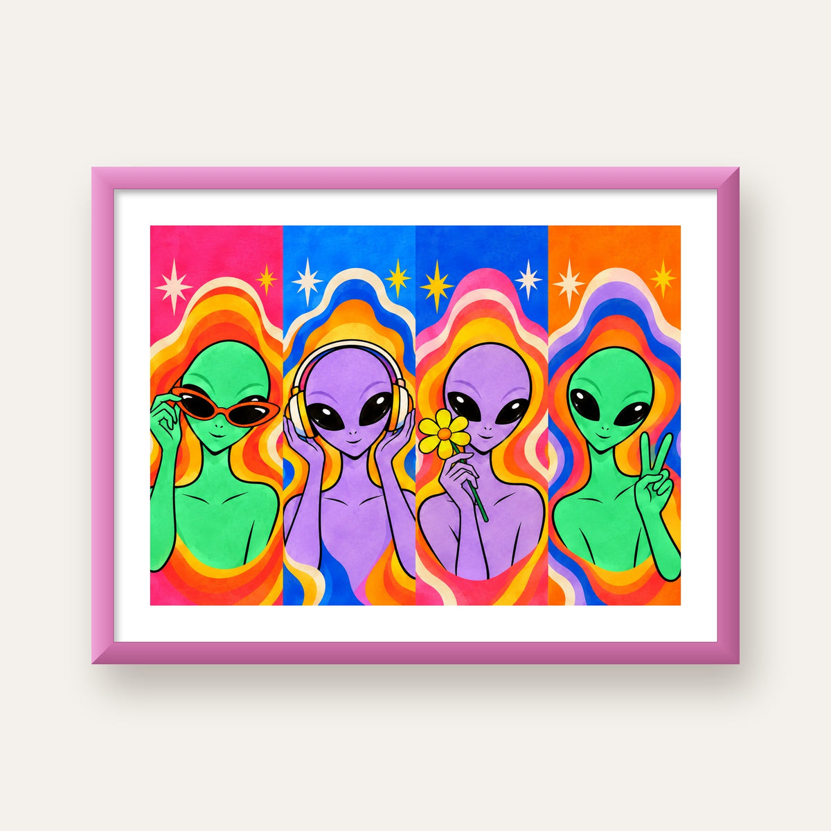 Retro Uzaylı Portreleri – Renkli Çizgi Roman Poster — pembe çerçeveli paspartulu