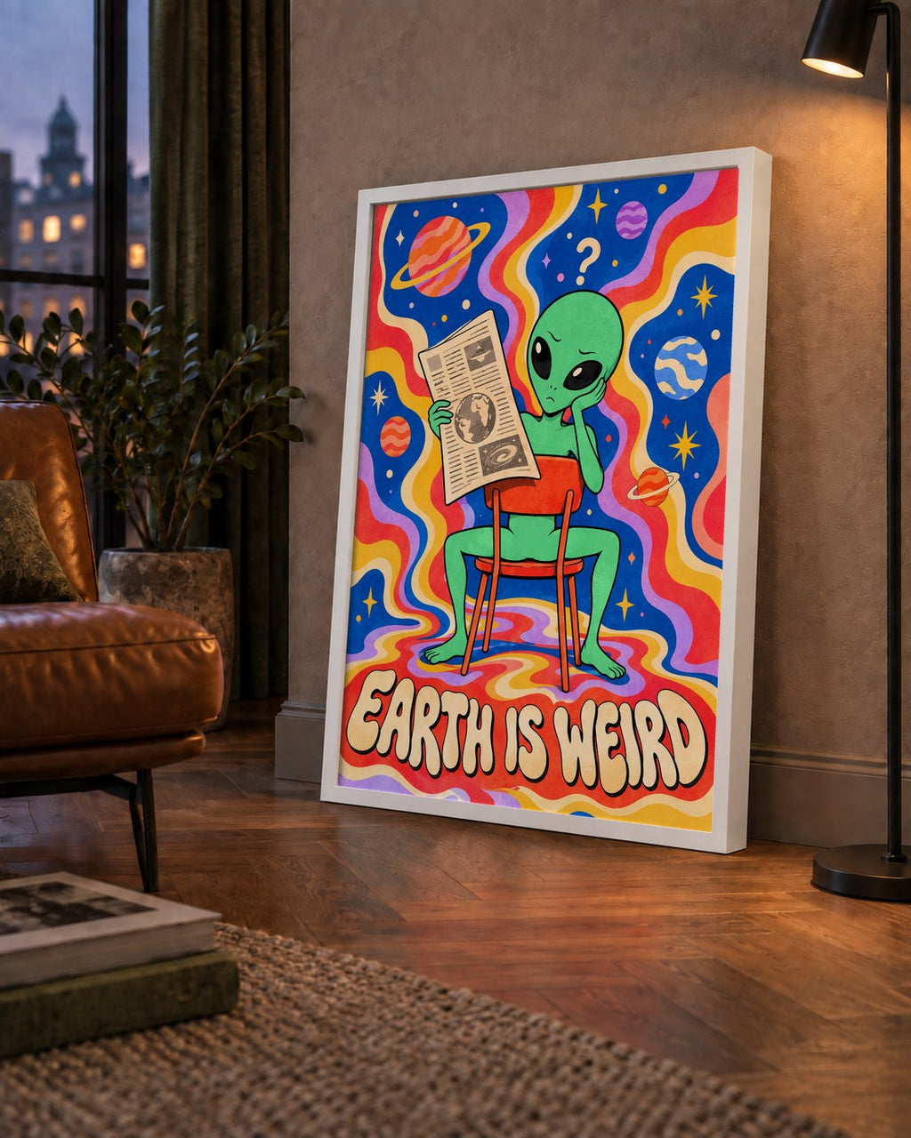 Uzaylı ve Retro Psikedelik Desenli Pop-Art Poster — çerçeveli hâliyle bir ev duvarında