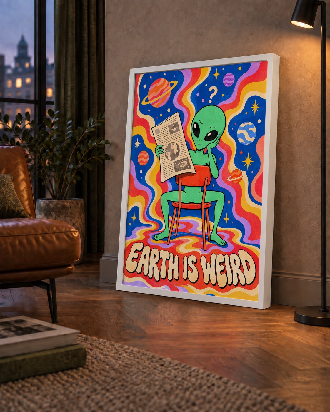 Uzaylı ve Retro Psikedelik Desenli Pop-Art Poster — çerçeveli hâliyle bir ev duvarında
