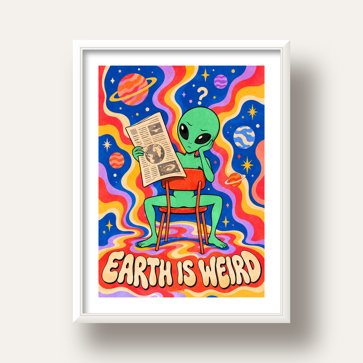 Uzaylı ve Retro Psikedelik Desenli Pop-Art Poster — beyaz derin çerçeveli paspartulu