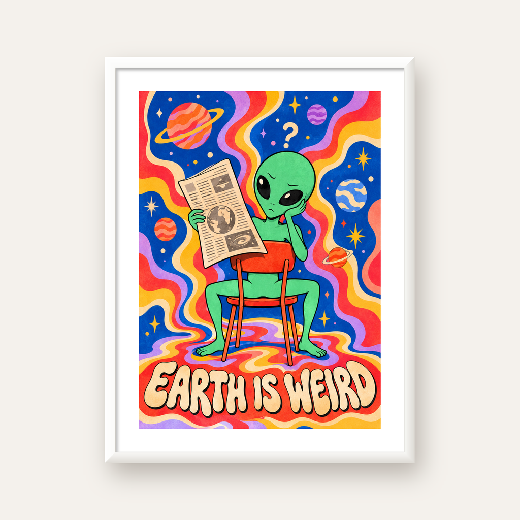 Uzaylı ve Retro Psikedelik Desenli Pop-Art Poster — beyaz çerçeveli dikey poster
