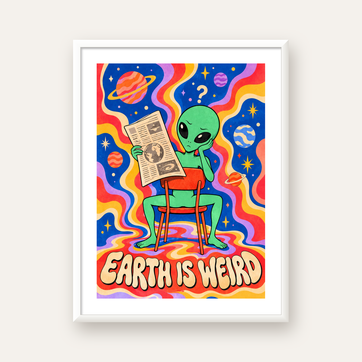 Uzaylı ve Retro Psikedelik Desenli Pop-Art Poster — beyaz çerçeveli dikey poster