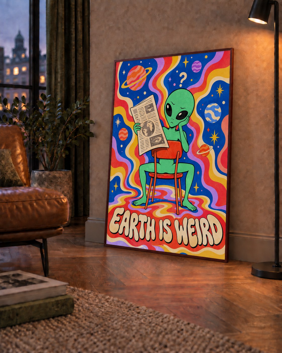 Uzaylı ve Retro Psikedelik Desenli Pop-Art Poster — çerçeveli hâliyle bir ev duvarında
