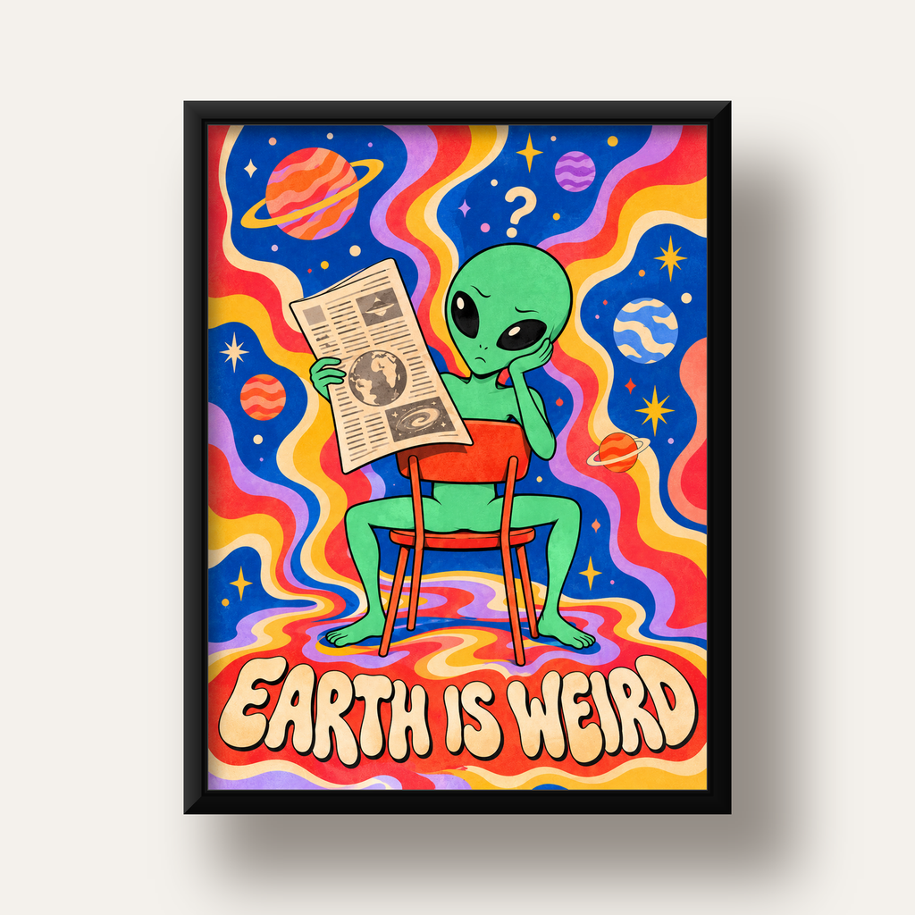 Uzaylı ve Retro Psikedelik Desenli Pop-Art Poster — siyah derin çerçeveli