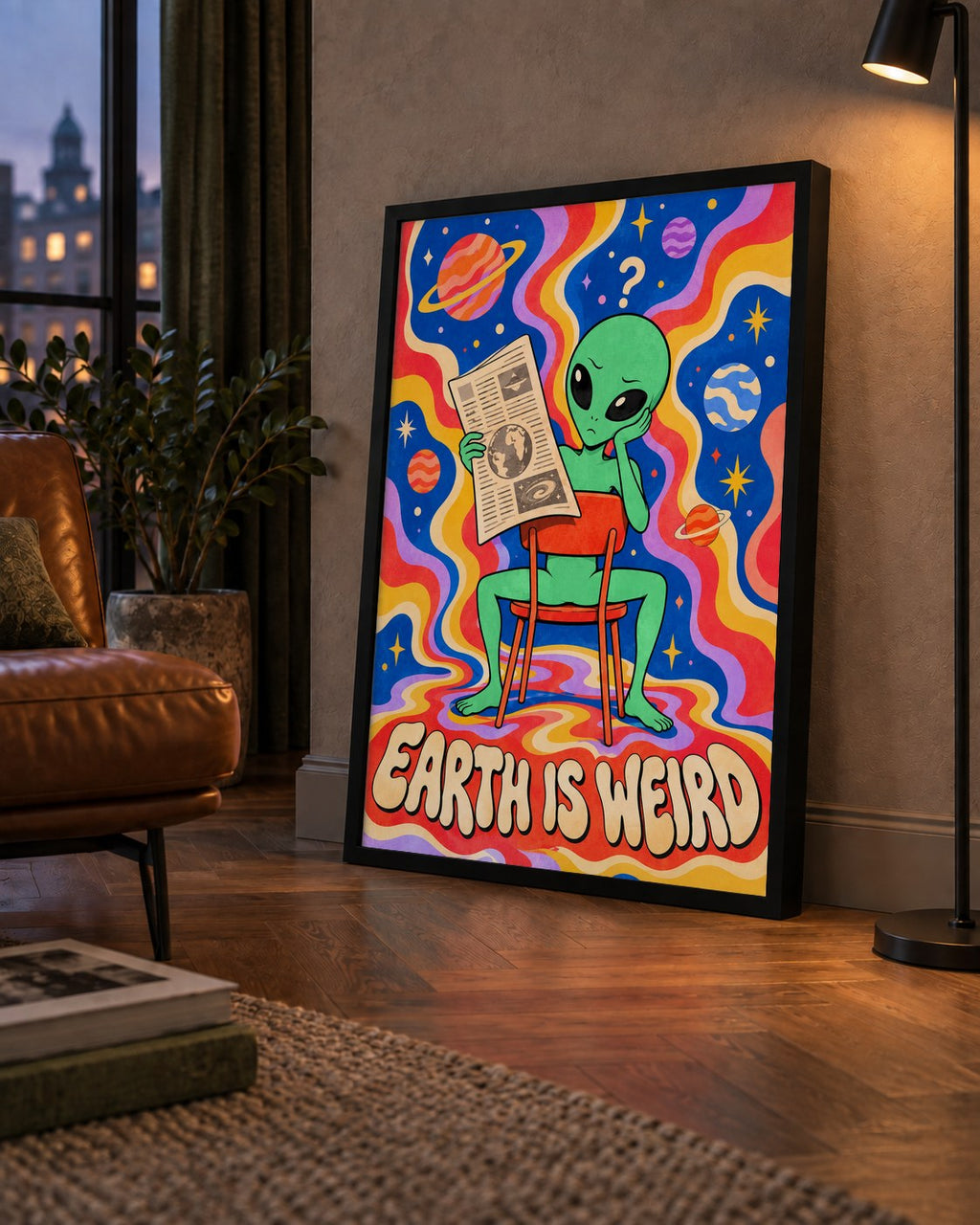 Uzaylı ve Retro Psikedelik Desenli Pop-Art Poster — çerçeveli hâliyle bir ev duvarında