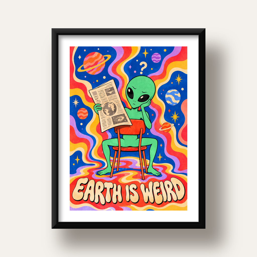 Uzaylı ve Retro Psikedelik Desenli Pop-Art Poster — siyah derin çerçeveli paspartulu
