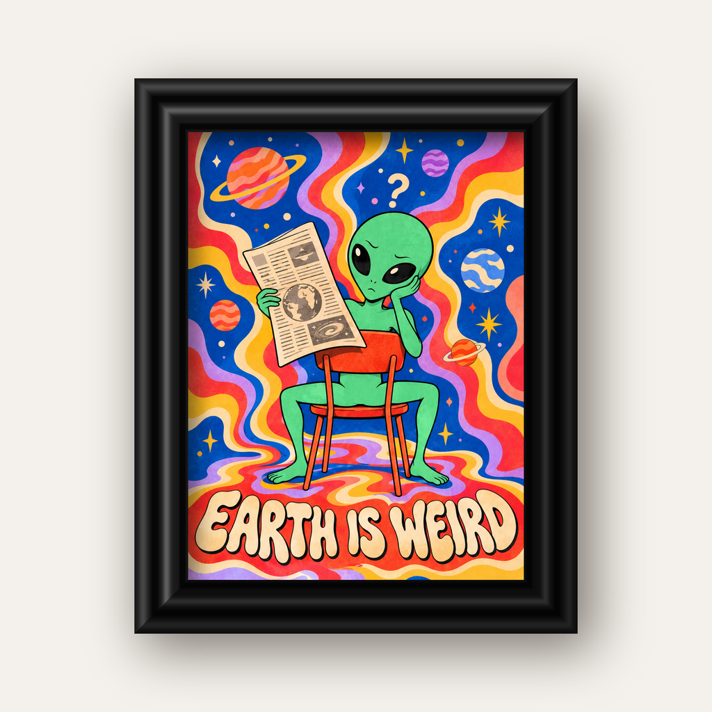 Uzaylı ve Retro Psikedelik Desenli Pop-Art Poster — siyah galeri çerçeveli