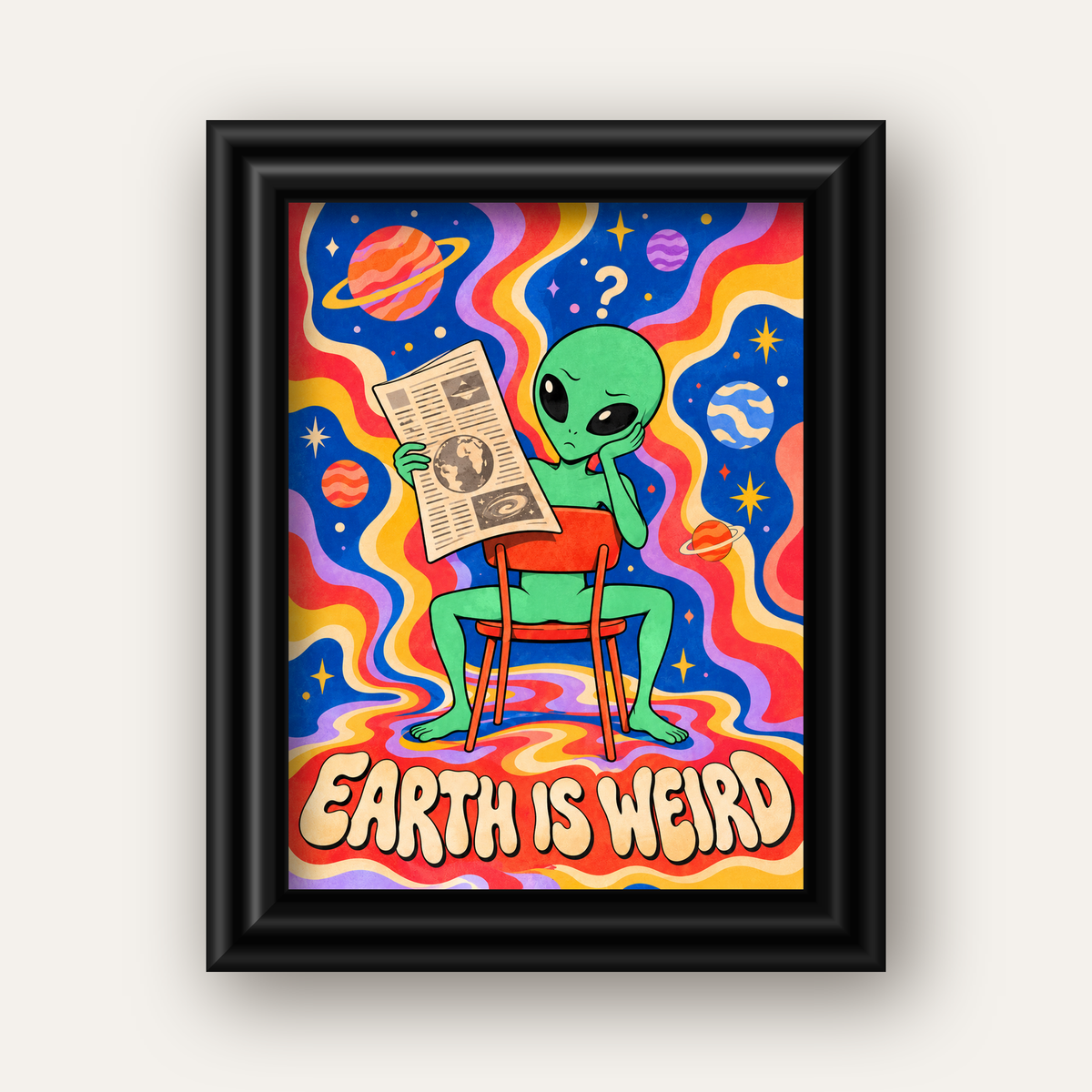 Uzaylı ve Retro Psikedelik Desenli Pop-Art Poster — siyah galeri çerçeveli