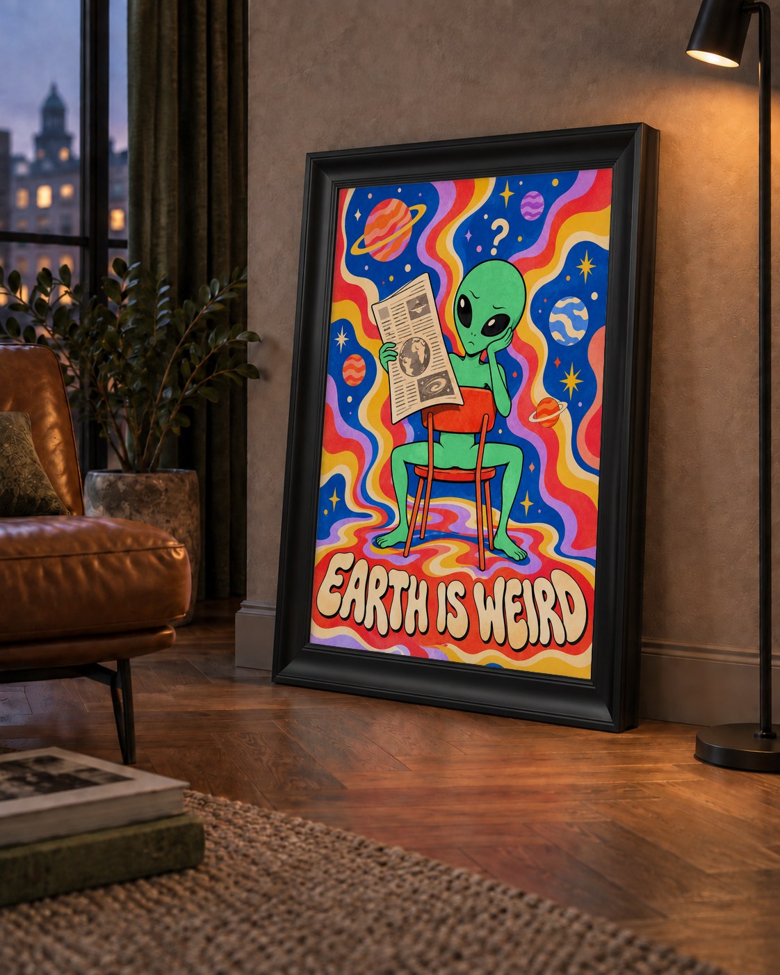 Uzaylı ve Retro Psikedelik Desenli Pop-Art Poster — çerçeveli hâliyle bir ev duvarında