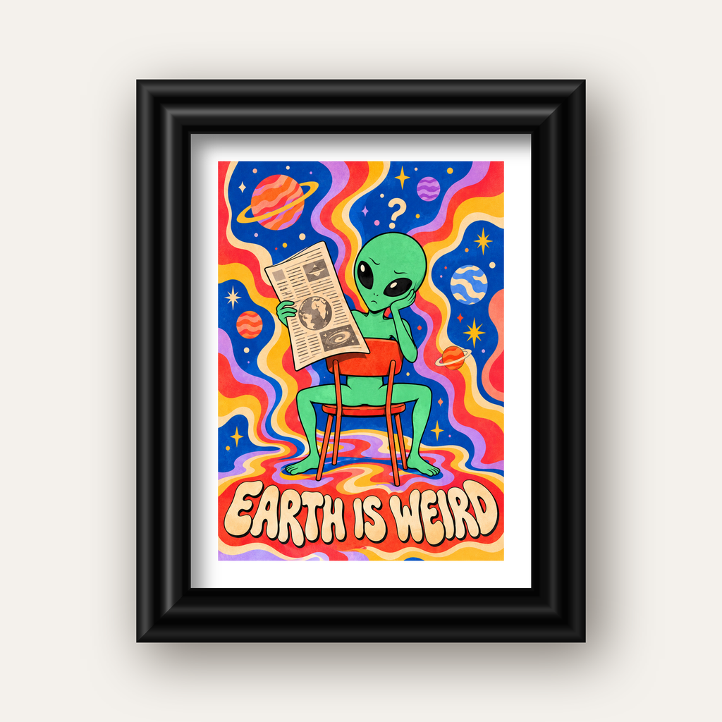 Uzaylı ve Retro Psikedelik Desenli Pop-Art Poster — siyah galeri çerçeveli paspartulu