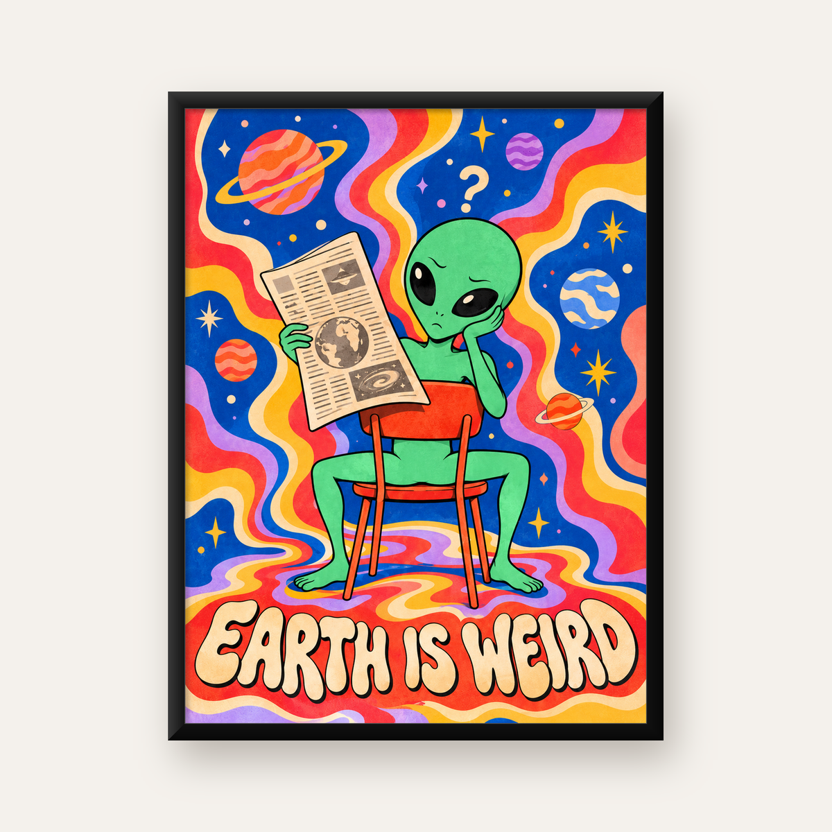 Uzaylı ve Retro Psikedelik Desenli Pop-Art Poster — Dikey baskı, düz siyah çerçeveli duvar posteri