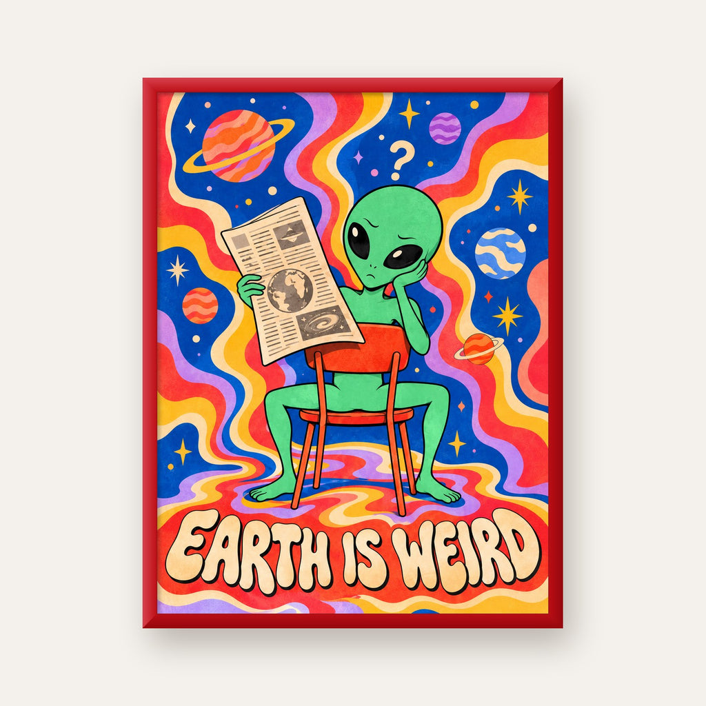 Uzaylı ve Retro Psikedelik Desenli Pop-Art Poster — kırmızı çerçeveli