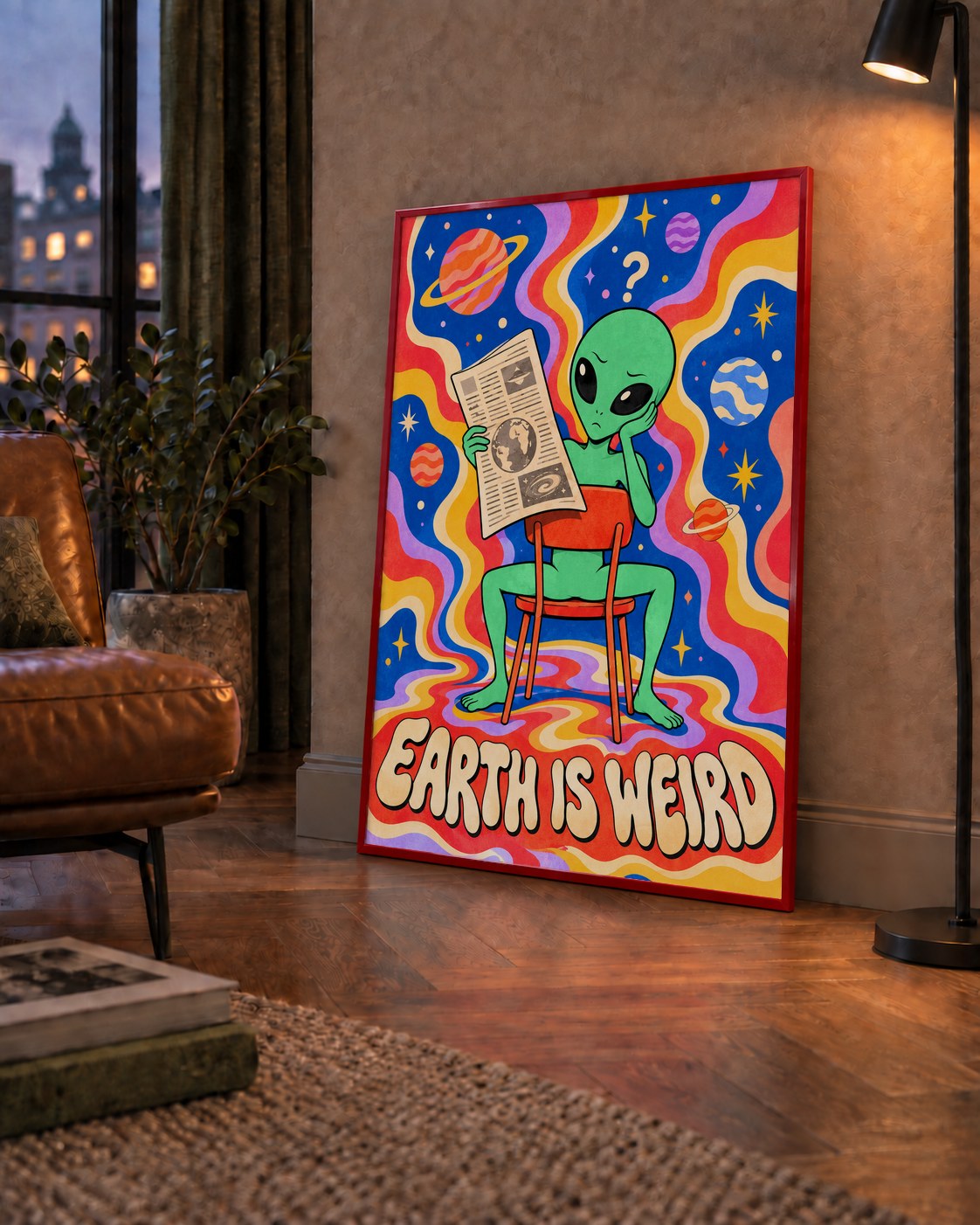 Uzaylı ve Retro Psikedelik Desenli Pop-Art Poster — çerçeveli hâliyle bir ev duvarında