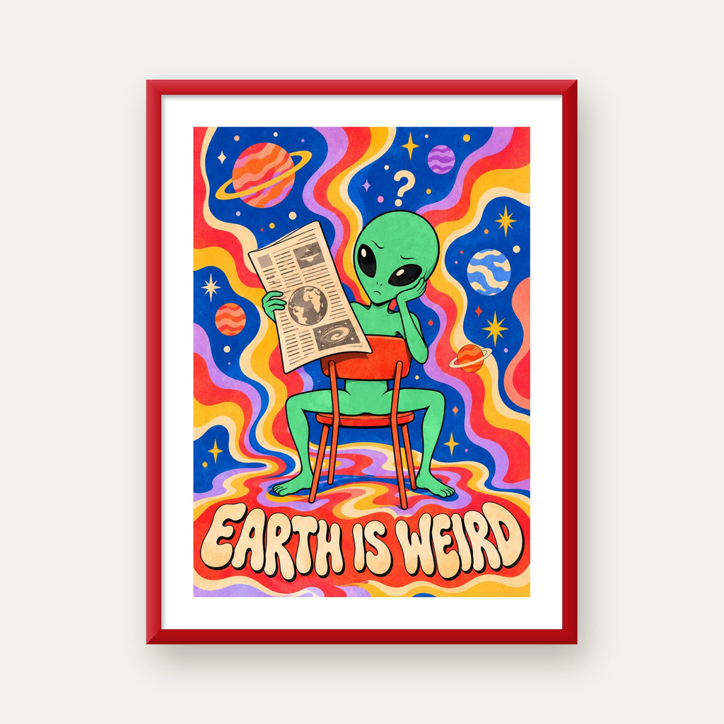 Uzaylı ve Retro Psikedelik Desenli Pop-Art Poster — kırmızı çerçeveli paspartulu