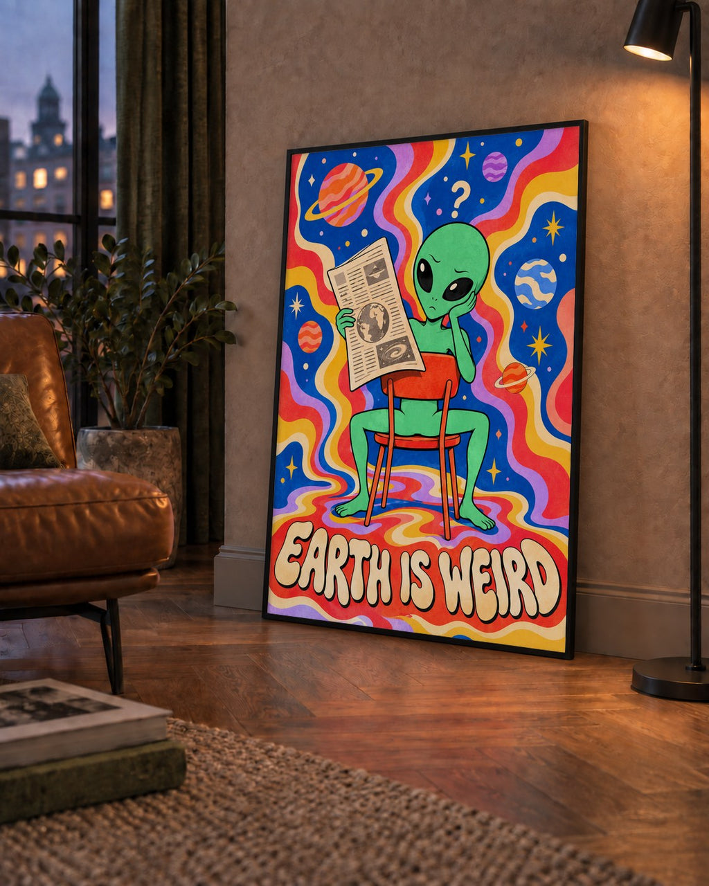 Uzaylı ve Retro Psikedelik Desenli Pop-Art Poster — çerçeveli hâliyle bir ev duvarında
