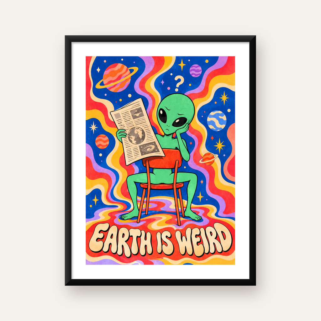 Uzaylı ve Retro Psikedelik Desenli Pop-Art Poster — Dikey baskı, beyaz paspartulu