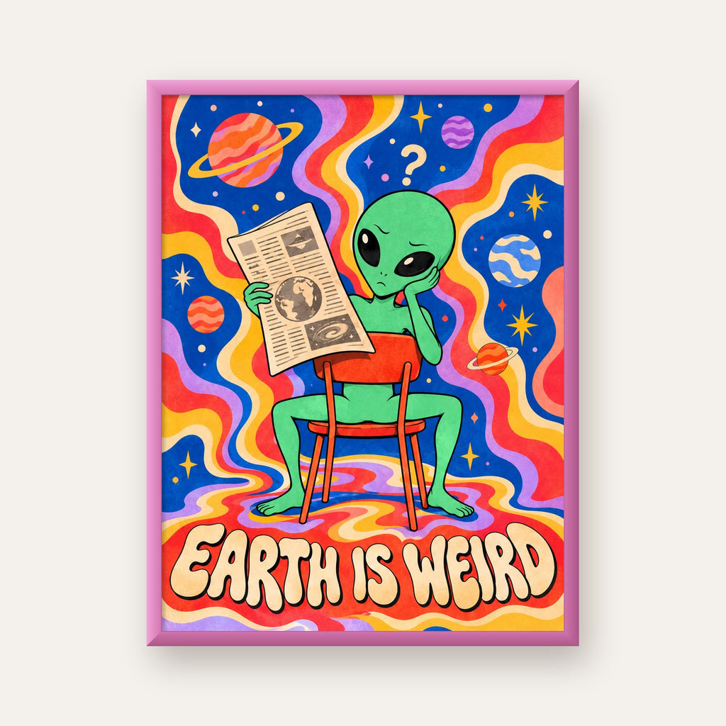 Uzaylı ve Retro Psikedelik Desenli Pop-Art Poster — pembe çerçeveli