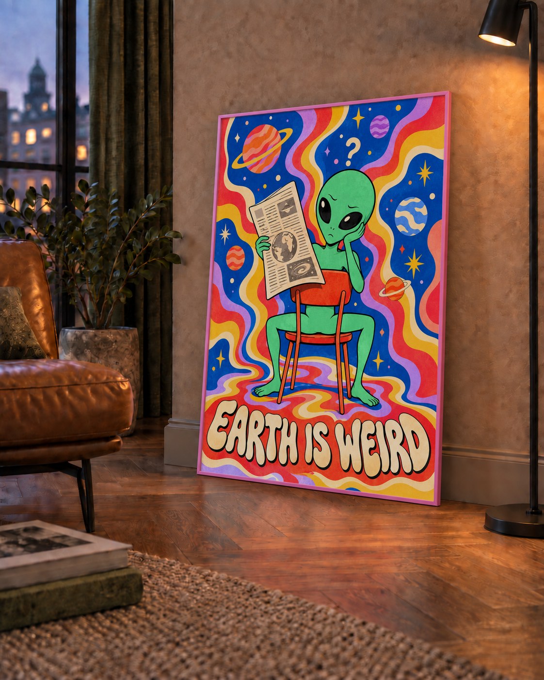 Uzaylı ve Retro Psikedelik Desenli Pop-Art Poster — çerçeveli hâliyle bir ev duvarında