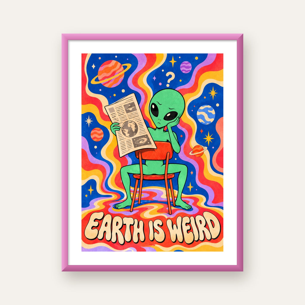 Uzaylı ve Retro Psikedelik Desenli Pop-Art Poster — pembe çerçeveli paspartulu
