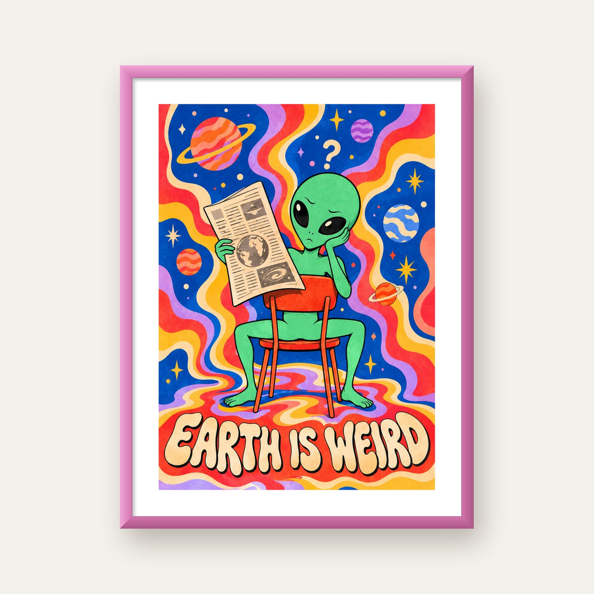 Uzaylı ve Retro Psikedelik Desenli Pop-Art Poster — pembe çerçeveli paspartulu