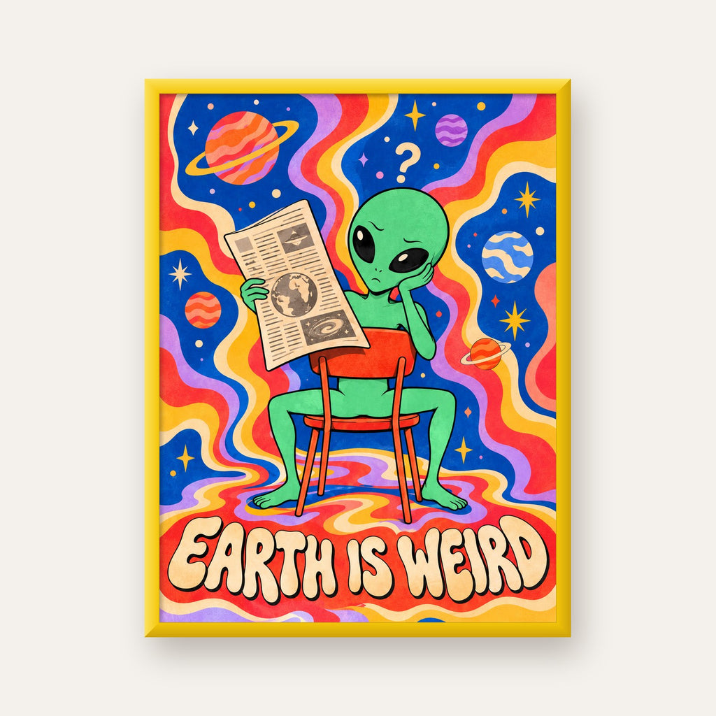Uzaylı ve Retro Psikedelik Desenli Pop-Art Poster — sarı çerçeveli