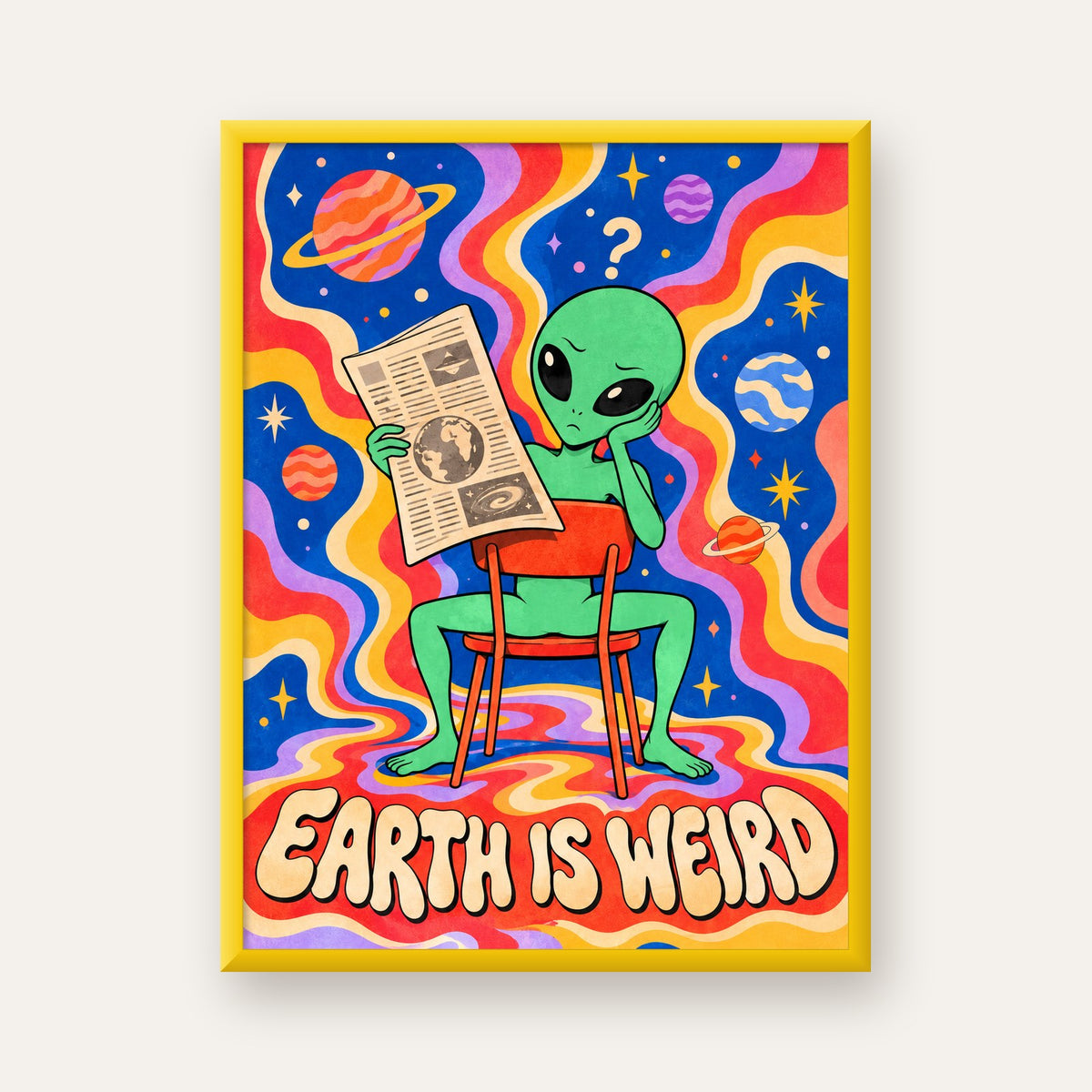 Uzaylı ve Retro Psikedelik Desenli Pop-Art Poster — sarı çerçeveli
