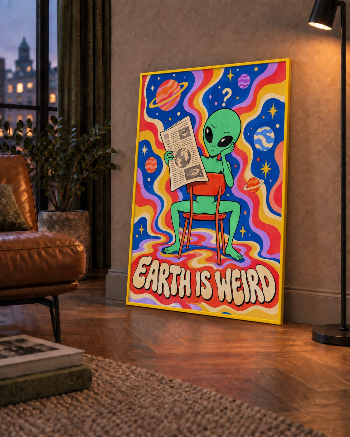 Uzaylı ve Retro Psikedelik Desenli Pop-Art Poster — çerçeveli hâliyle bir ev duvarında