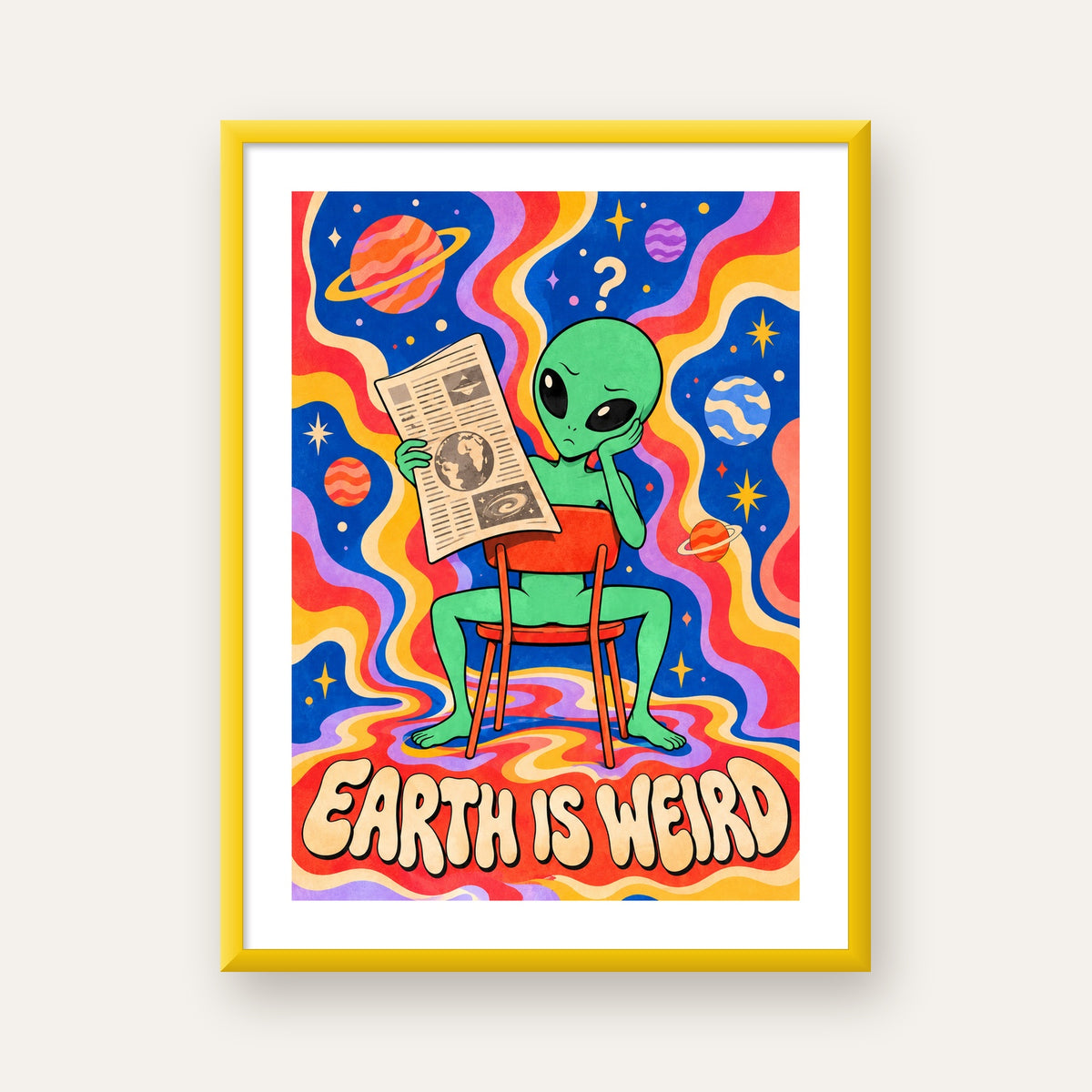 Uzaylı ve Retro Psikedelik Desenli Pop-Art Poster — sarı çerçeveli paspartulu