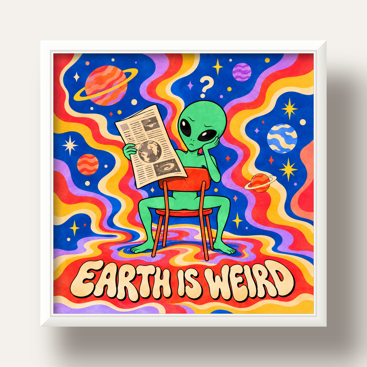 Uzaylı ve Retro Psikedelik Desenli Pop-Art Poster — beyaz derin çerçeveli