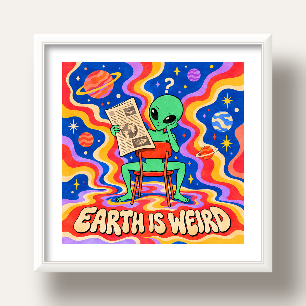 Uzaylı ve Retro Psikedelik Desenli Pop-Art Poster — beyaz derin çerçeveli paspartulu