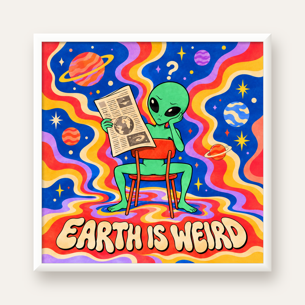Uzaylı ve Retro Psikedelik Desenli Pop-Art Poster — beyaz çerçeveli kare poster