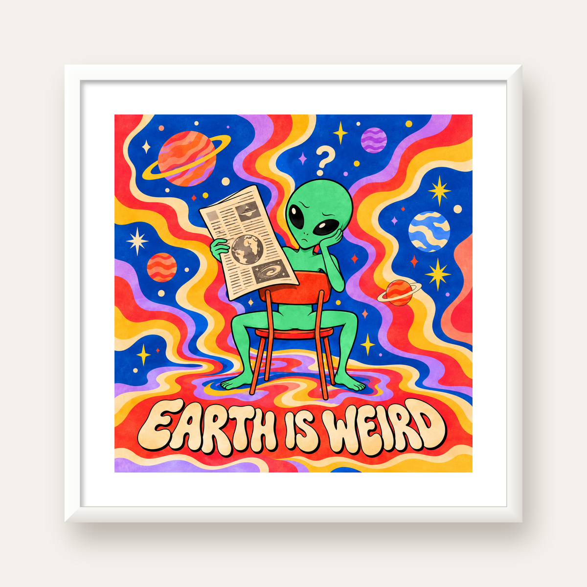 Uzaylı ve Retro Psikedelik Desenli Pop-Art Poster — beyaz çerçeveli kare poster