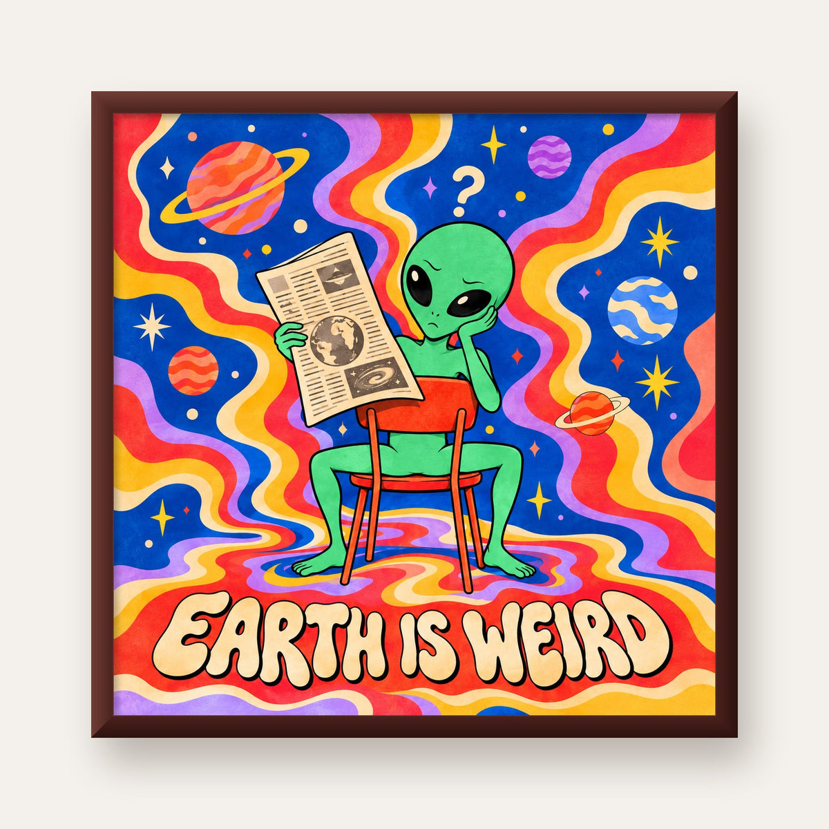 Uzaylı ve Retro Psikedelik Desenli Pop-Art Poster — ceviz çerçeveli