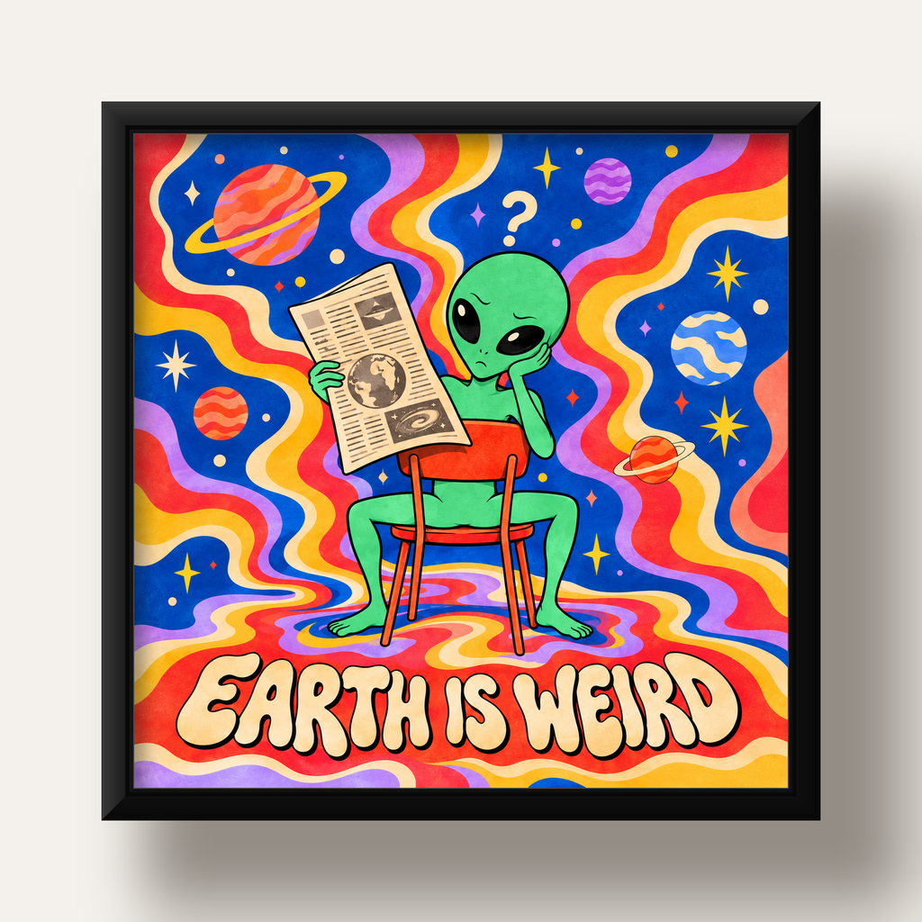 Uzaylı ve Retro Psikedelik Desenli Pop-Art Poster — siyah derin çerçeveli