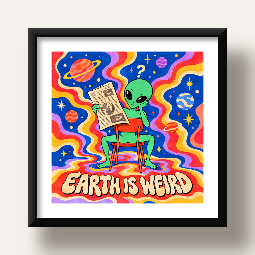 Uzaylı ve Retro Psikedelik Desenli Pop-Art Poster — siyah derin çerçeveli paspartulu