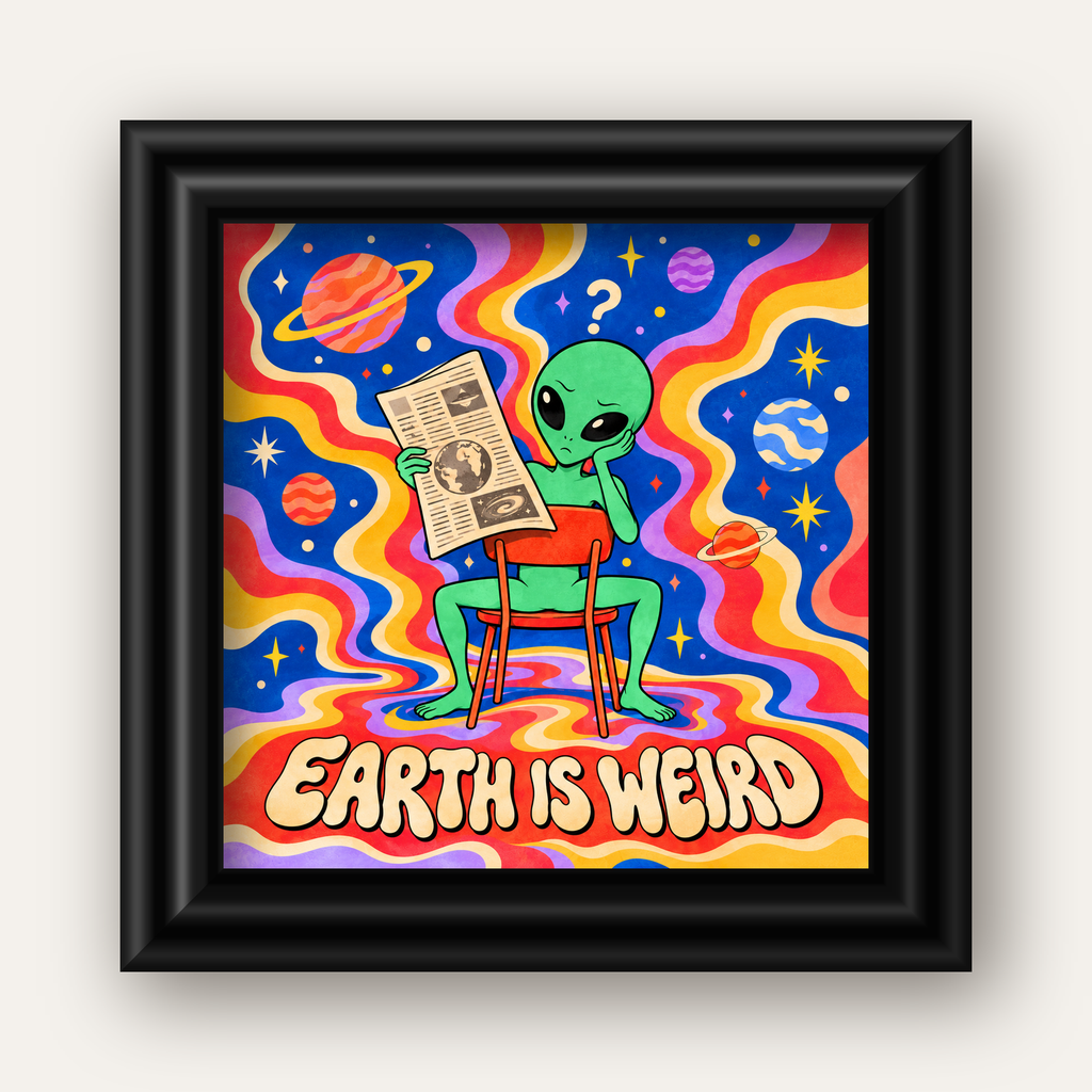Uzaylı ve Retro Psikedelik Desenli Pop-Art Poster — siyah galeri çerçeveli