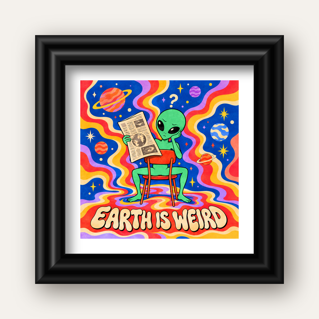 Uzaylı ve Retro Psikedelik Desenli Pop-Art Poster — siyah galeri çerçeveli paspartulu