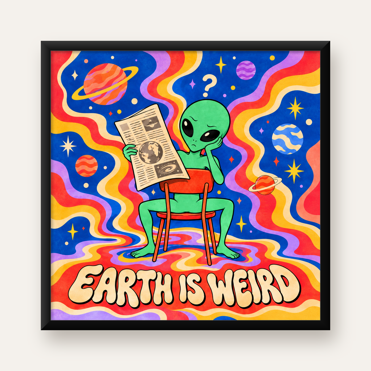 Uzaylı ve Retro Psikedelik Desenli Pop-Art Poster — Kare baskı, düz siyah çerçeveli duvar posteri