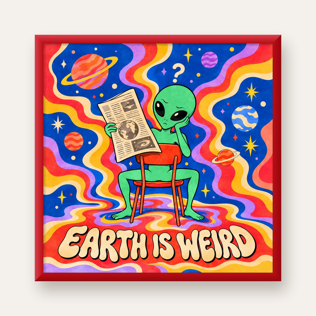 Uzaylı ve Retro Psikedelik Desenli Pop-Art Poster — kırmızı çerçeveli