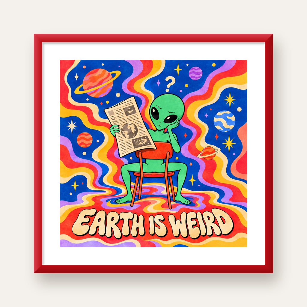 Uzaylı ve Retro Psikedelik Desenli Pop-Art Poster — kırmızı çerçeveli paspartulu