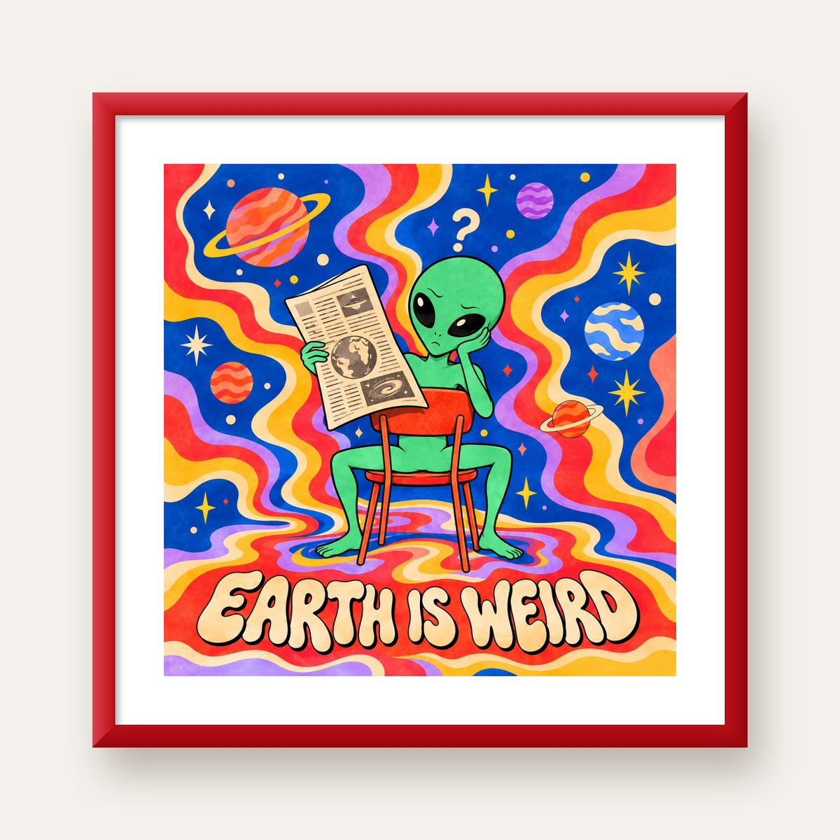 Uzaylı ve Retro Psikedelik Desenli Pop-Art Poster — kırmızı çerçeveli paspartulu