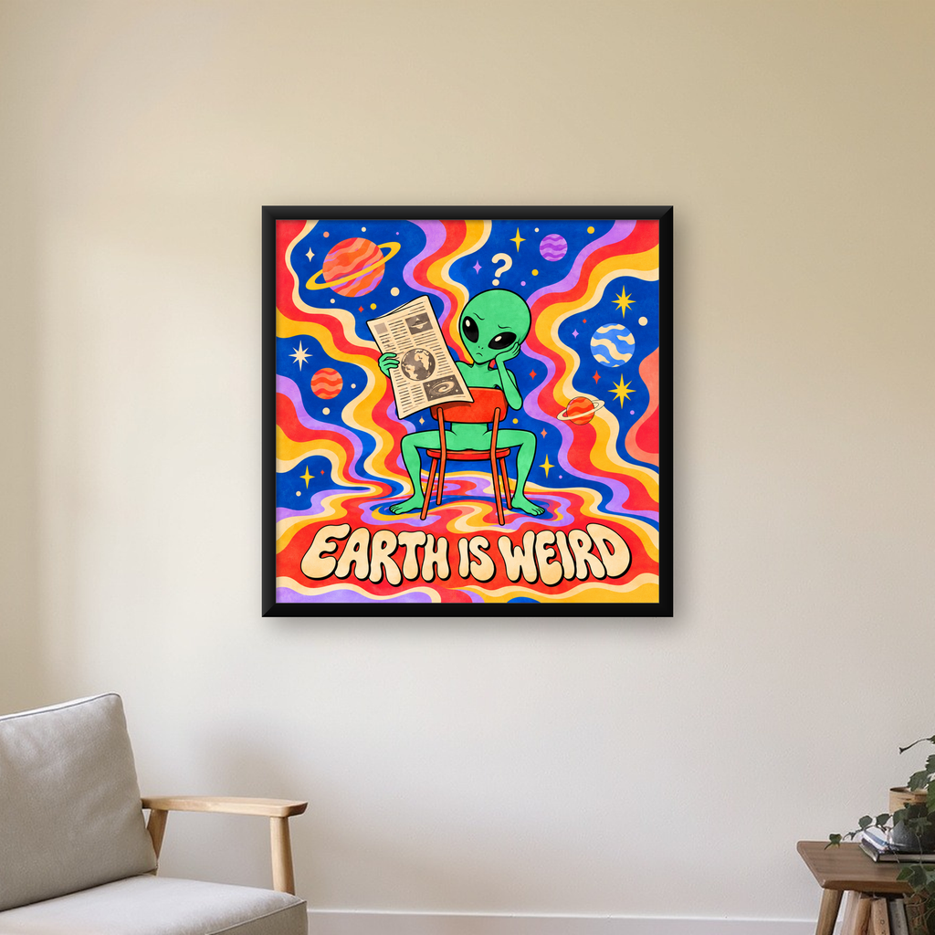 Uzaylı ve Retro Psikedelik Desenli Pop-Art Poster — Kare baskı, çerçeveli hâliyle bir ev duvarında