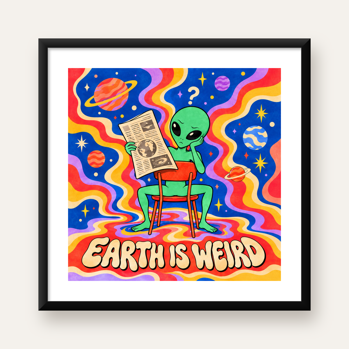 Uzaylı ve Retro Psikedelik Desenli Pop-Art Poster — Kare baskı, beyaz paspartulu