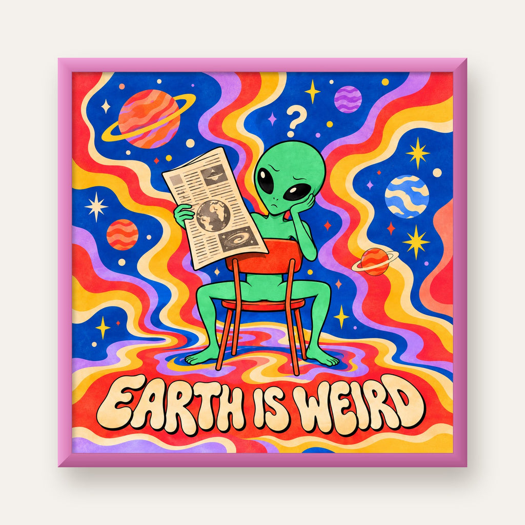 Uzaylı ve Retro Psikedelik Desenli Pop-Art Poster — pembe çerçeveli