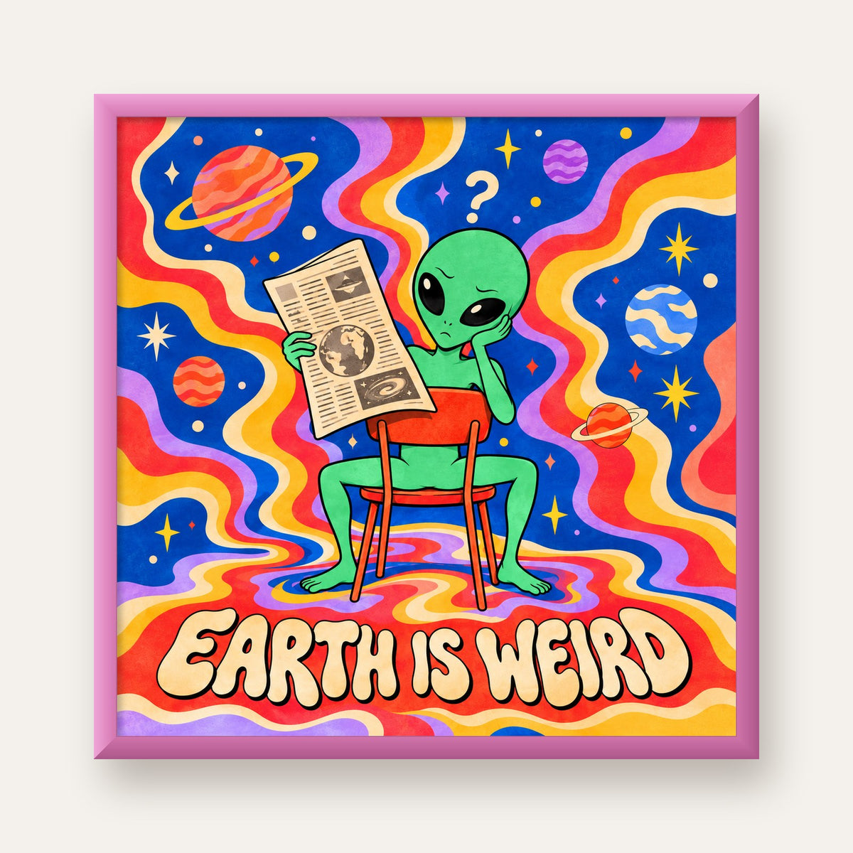 Uzaylı ve Retro Psikedelik Desenli Pop-Art Poster — pembe çerçeveli