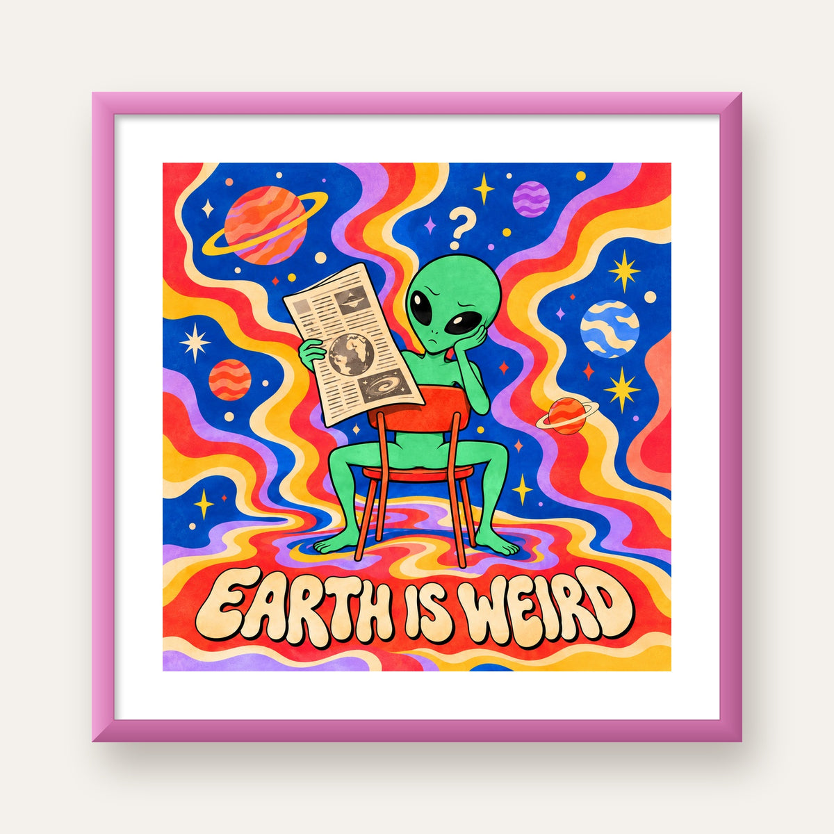 Uzaylı ve Retro Psikedelik Desenli Pop-Art Poster — pembe çerçeveli paspartulu