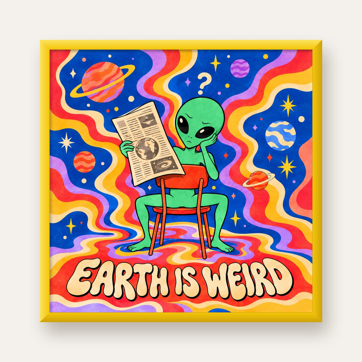 Uzaylı ve Retro Psikedelik Desenli Pop-Art Poster — sarı çerçeveli
