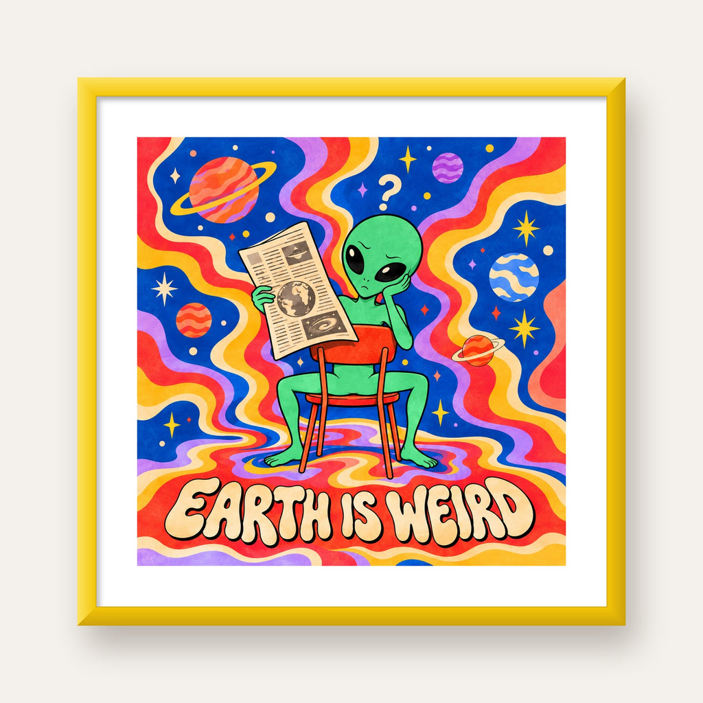 Uzaylı ve Retro Psikedelik Desenli Pop-Art Poster — sarı çerçeveli paspartulu