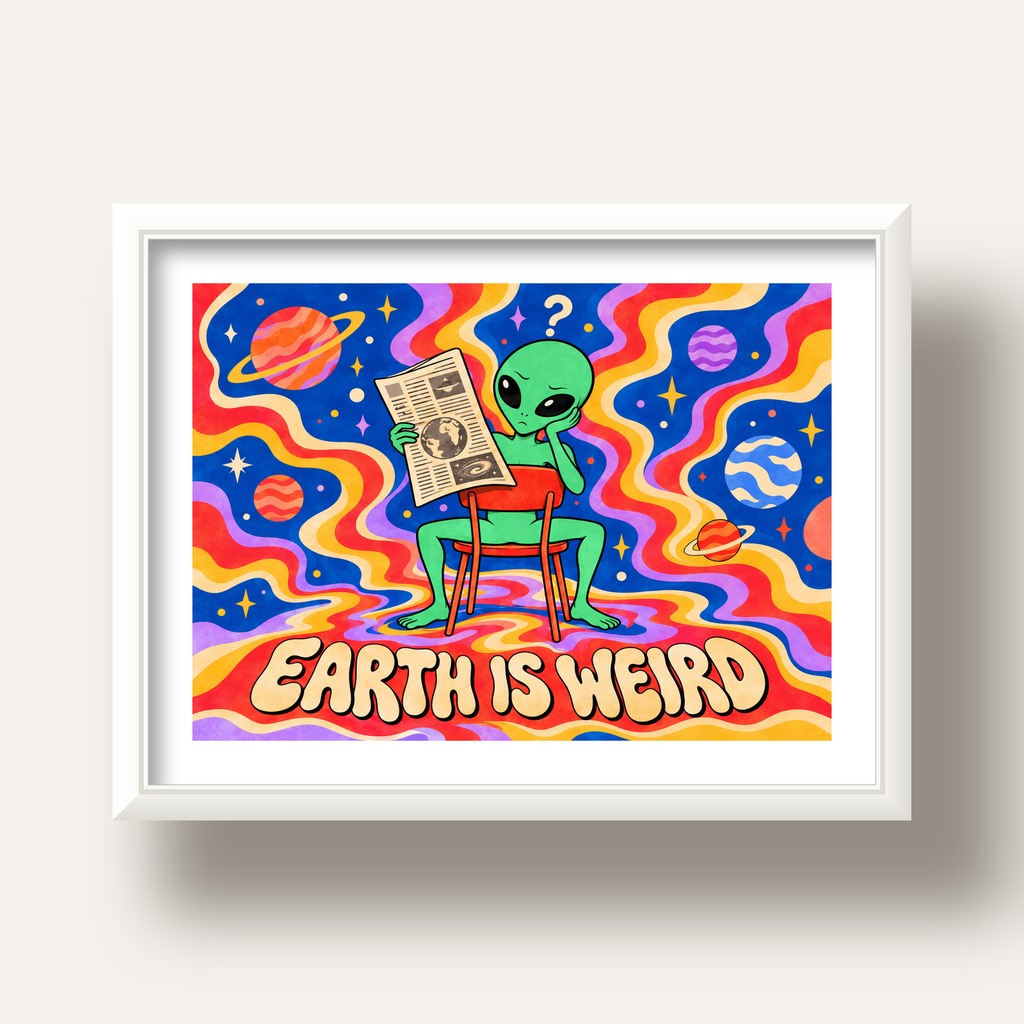 Uzaylı ve Retro Psikedelik Desenli Pop-Art Poster — beyaz derin çerçeveli paspartulu