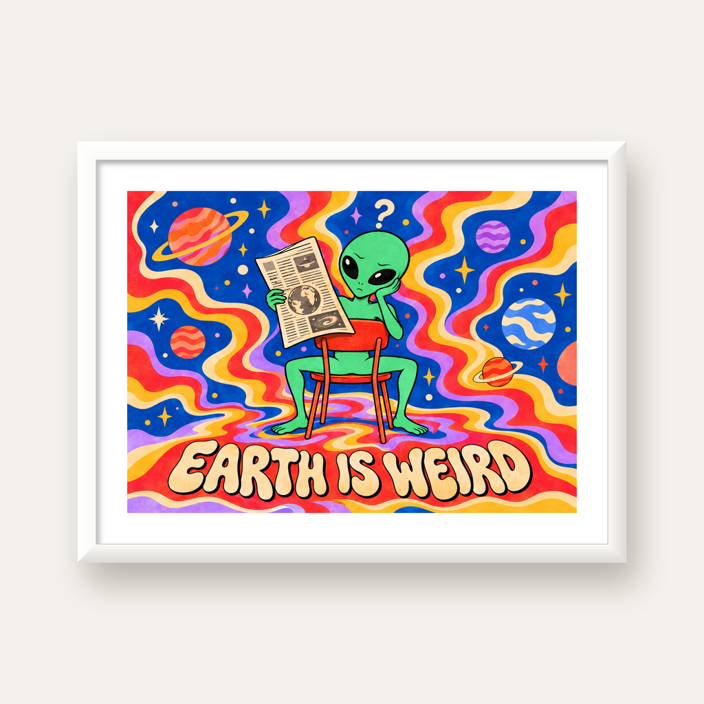 Uzaylı ve Retro Psikedelik Desenli Pop-Art Poster — beyaz çerçeveli yatay poster